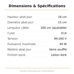 Fiche technique dimensions lustre rose en verre - hauteur 16 cm diamètre 15 cm câble 200 cm