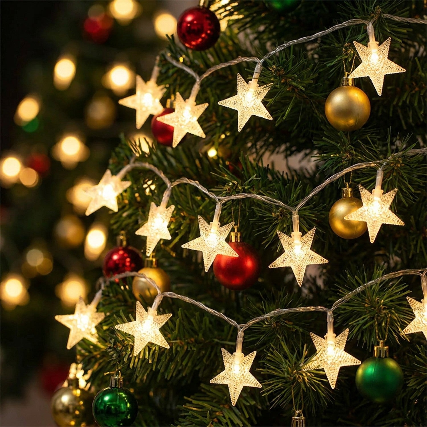 Guirlande d'étoiles lumineuses enroulée autour d'un sapin de Noël décoré de boules