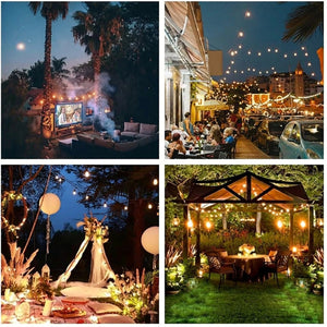 Quatre ambiances de la guirlande guinguette en extérieur cinéma de plein air terrasse tente de réception et pergola de jardin