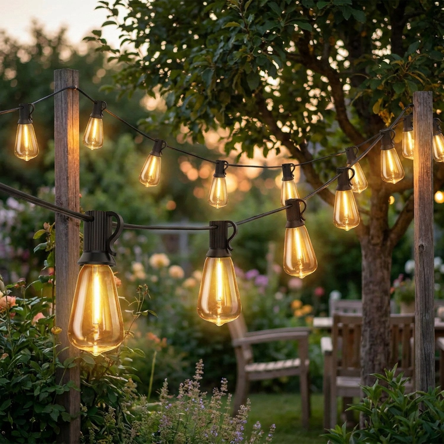 Guirlande guinguette aux ampoules vintage suspendue dans un jardin au crépuscule