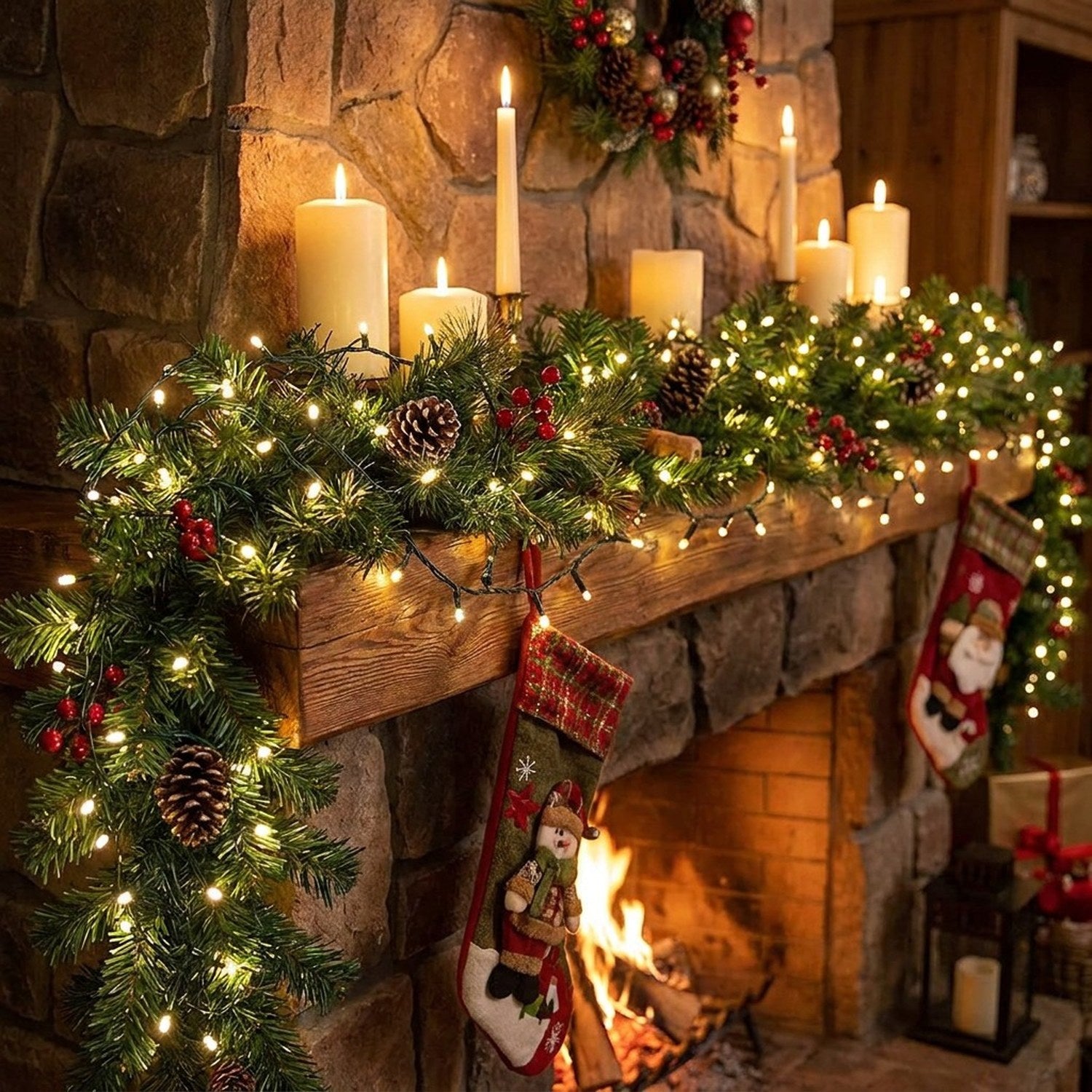 Guirlande lumineuse LED fil vert drapée sur une cheminée décorée pour Noël avec bougies et branches de pin