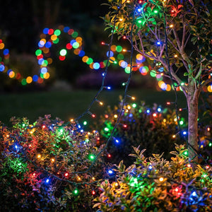 Guirlande lumineuse LED multicolore illuminant des arbustes de jardin la nuit