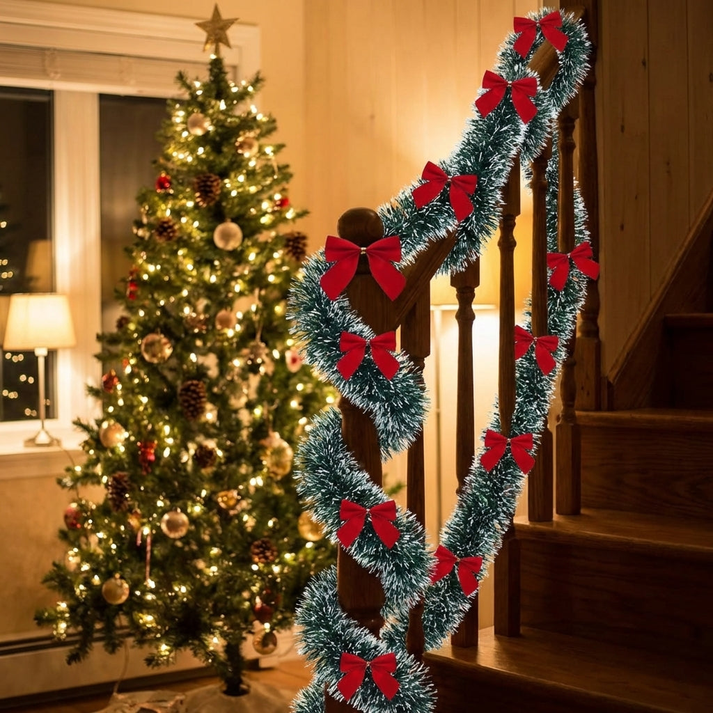 Guirlande tinsel givrée avec nœuds rouges enroulée autour d une rampe d escalier