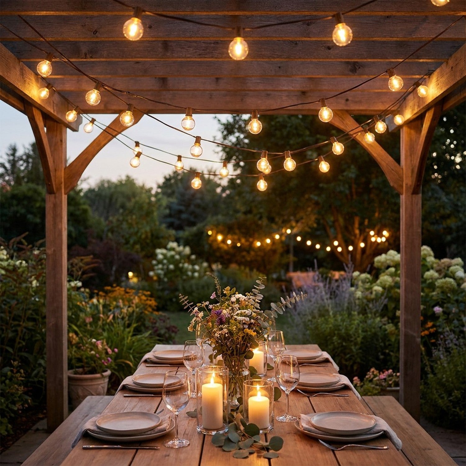 Guirlande LED G40 suspendue sous pergola bois au-dessus table dîner jardin soirée avec bougies et fleurs