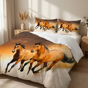 Parure de lit cheval 3D avec deux chevaux dorés au galop dans une chambre lumineuse