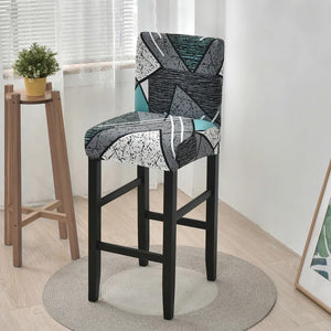 Housse de chaise de bar motif triangles gris turquoise vue du tissu extensible