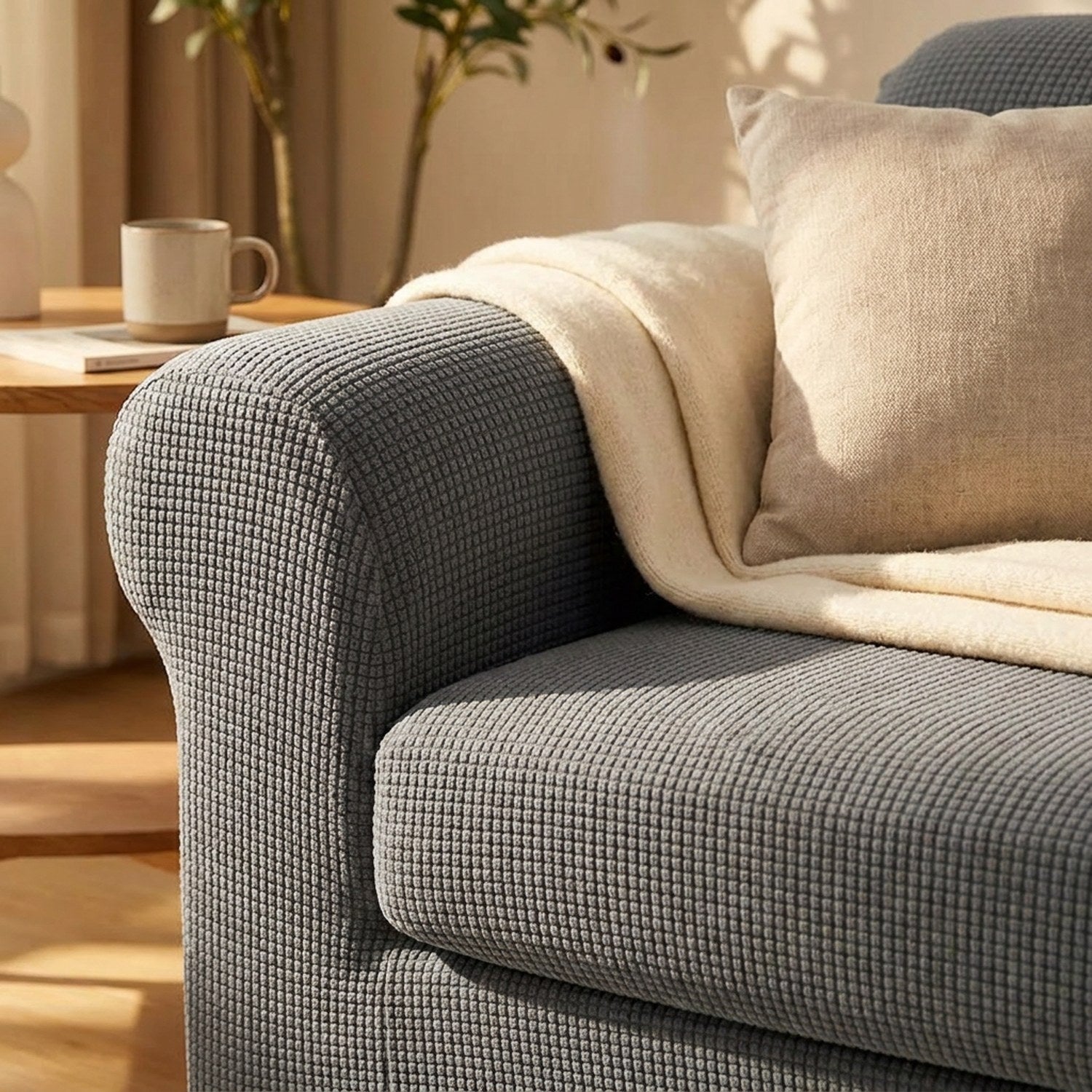 Gros plan sur la texture jacquard gaufrée d'une housse de canapé grise avec plaid et coussin
