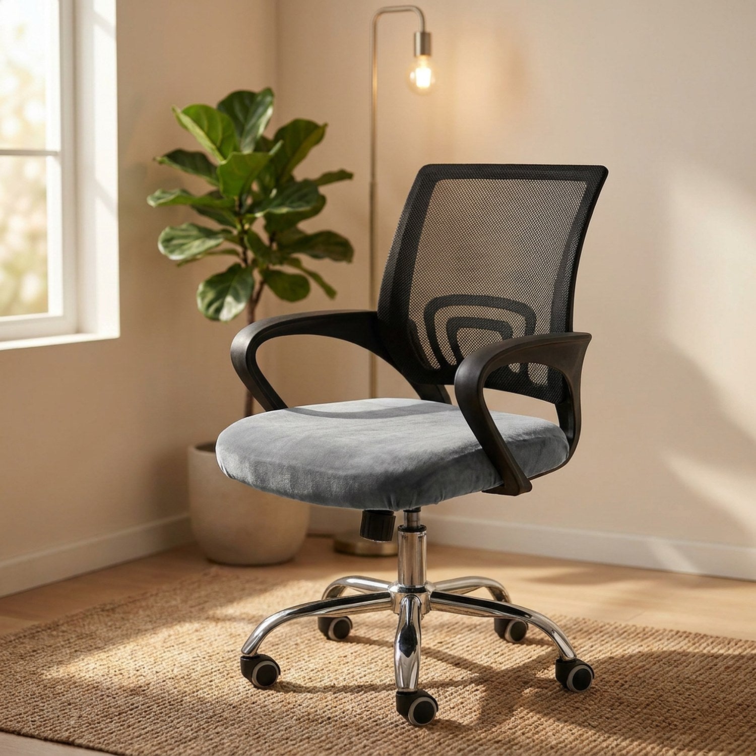 Fauteuil de bureau avec housse d'assise en velours gris dans un coin bureau cosy