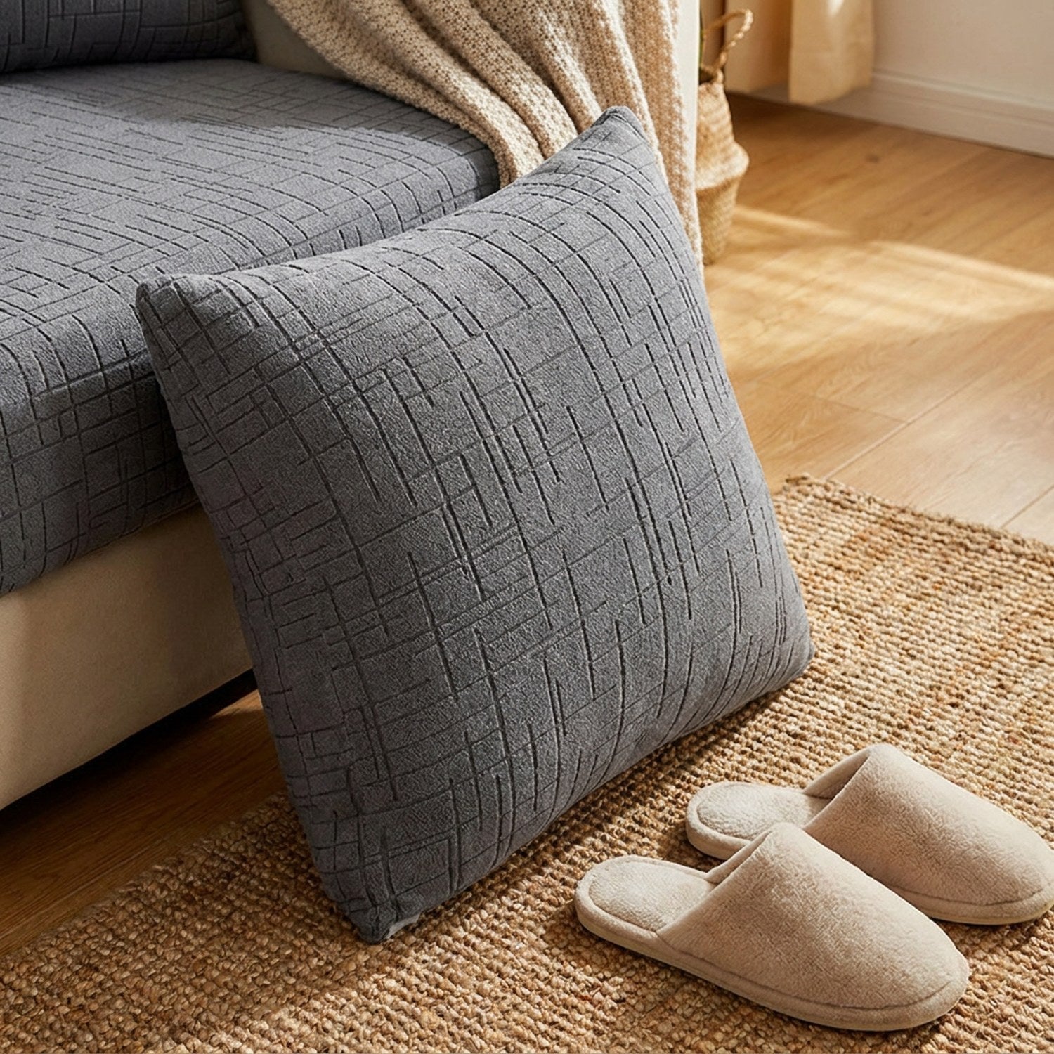 Coussin de canapé gris en jacquard près de chaussons sur un tapis en jute