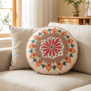 Housse de coussin ronde brodée mandala modèle Bouquet Pastel fleurs rouges et orange