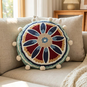 Housse de coussin ronde brodée mandala modèle Fleur Marine bleu marine et bordeaux