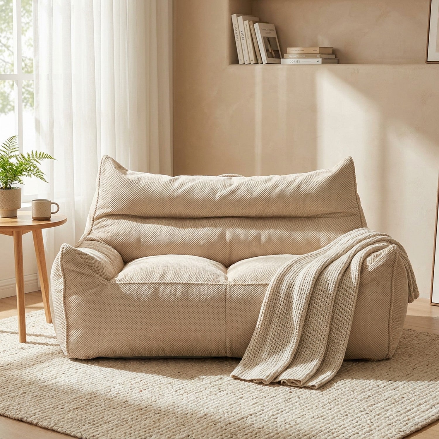 Canapé poire beige en tissu gaufré installé dans un coin salon cosy avec plaid