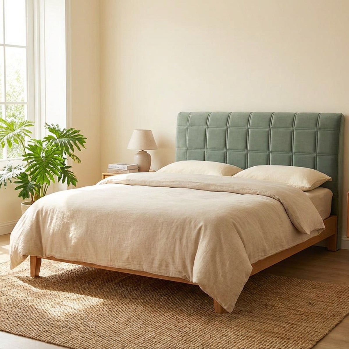 Housse de tête de lit vert sauge sur un lit dans une chambre lumineuse et apaisante