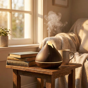 Diffuseur aromathérapie bois avec brume lumière dorée et livres