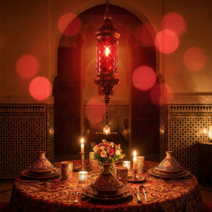 Lustre marocain vitrail style rétro au dessus d'une table