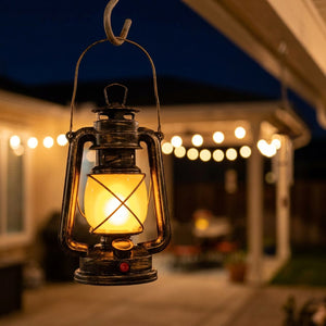 Lampe suspendue à un crochet sous une terrasse extérieure la nuit