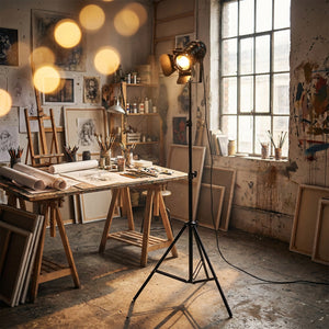 Trépied projecteur noir dans un loft design parisien