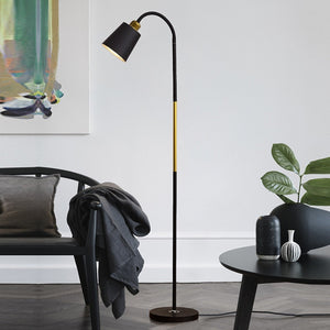 Lampadaire métal noir col de cygne dans un salon moderne