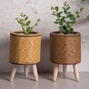 Cache-pot rotin tressé cylindrique boho naturel et brun avec plantes vertes