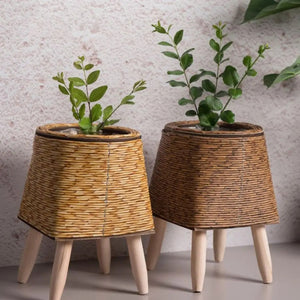 Cache-pot rotin tressé conique boho naturel et brun avec plantes vertes