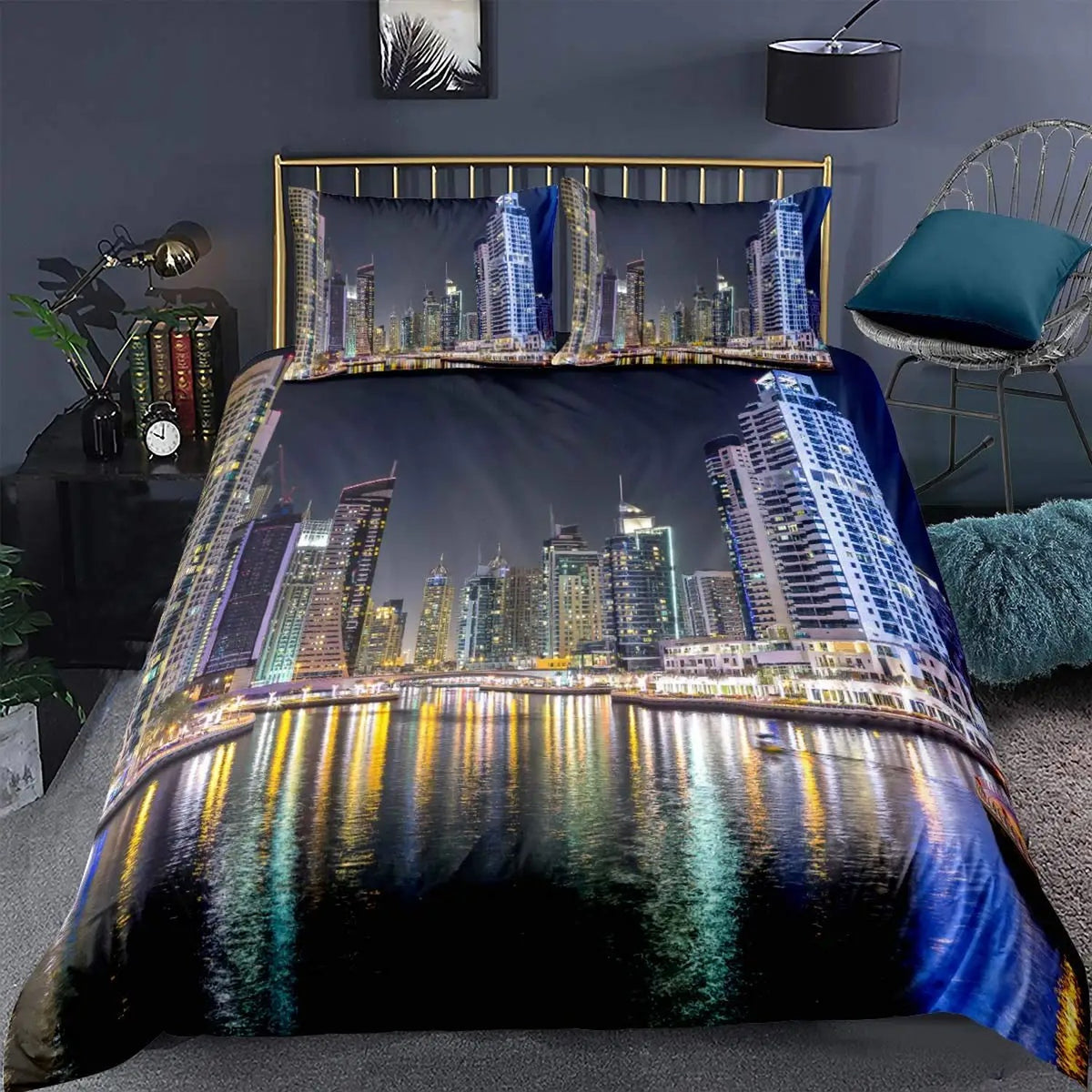 Parure de lit New York gratte-ciel illuminés la nuit sur un lit dans une chambre