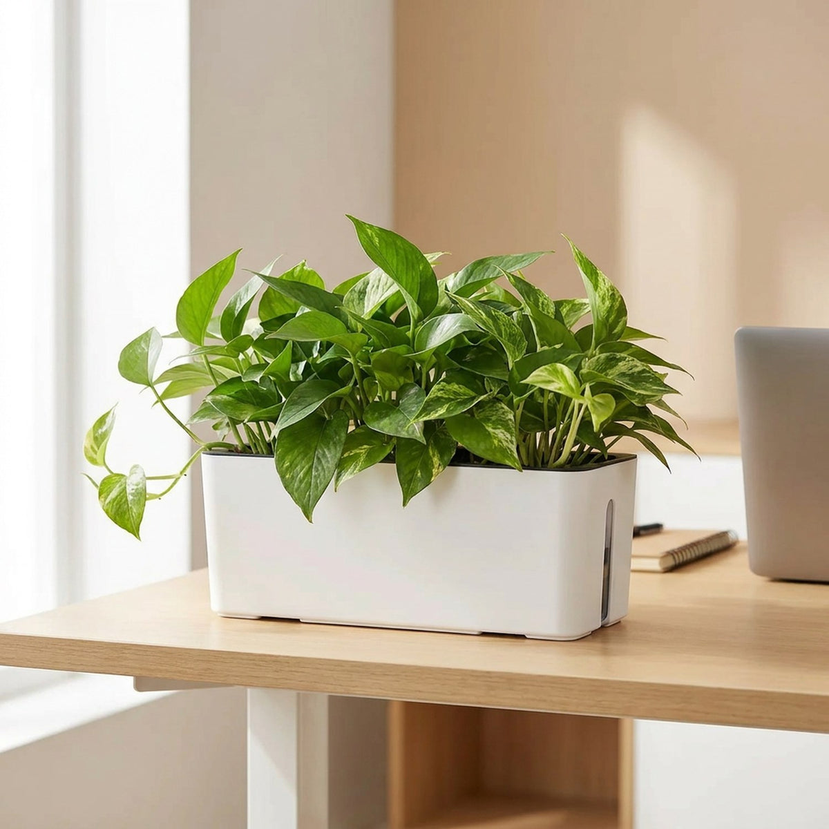 Jardinière auto-arrosante sur bureau moderne avec laptop