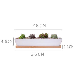 Dimensions de la jardinière en céramique 28 cm et du plateau en bambou 26 cm