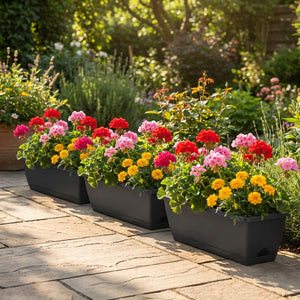 Trois jardinières noires en rangée sur terrasse de jardin avec géraniums et soucis