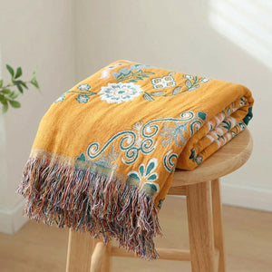 Plaid bohème couleur jaune moutarde motifs floraux