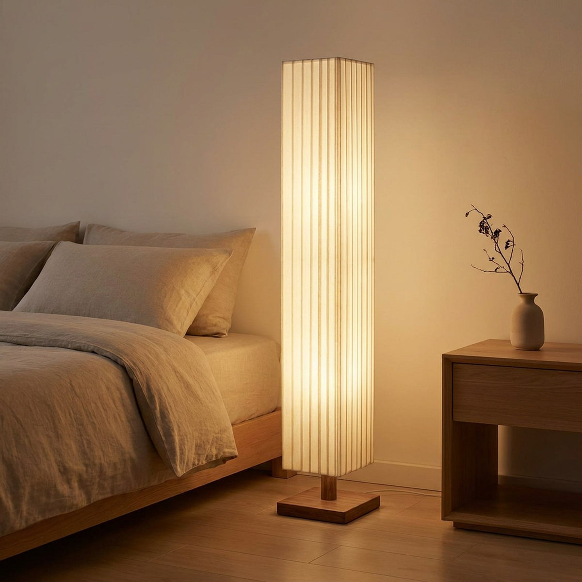 Lampadaire sur pied allumé à côté d'un lit dans une chambre épurée