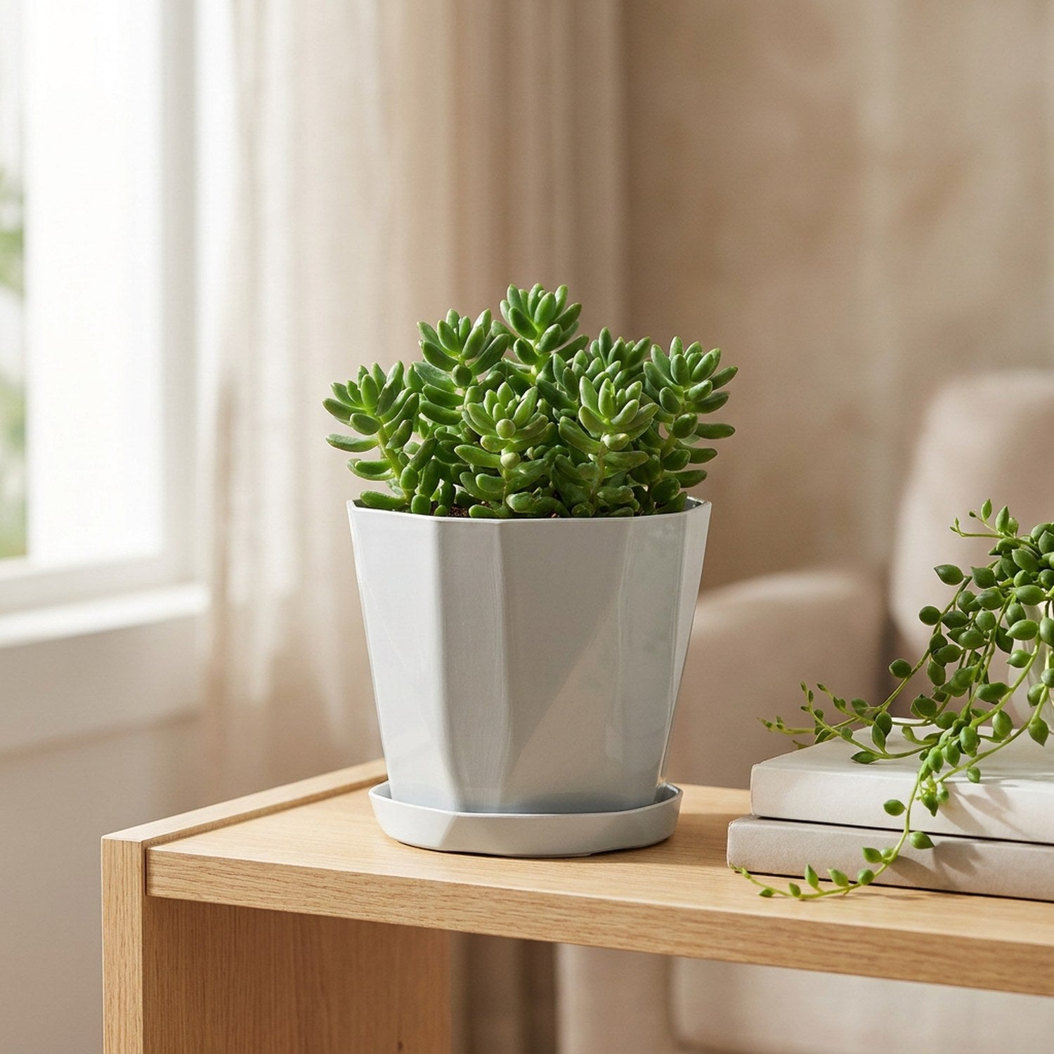 Cache-pot gris à facettes posé sur une étagère en bois avec des livres et une plante