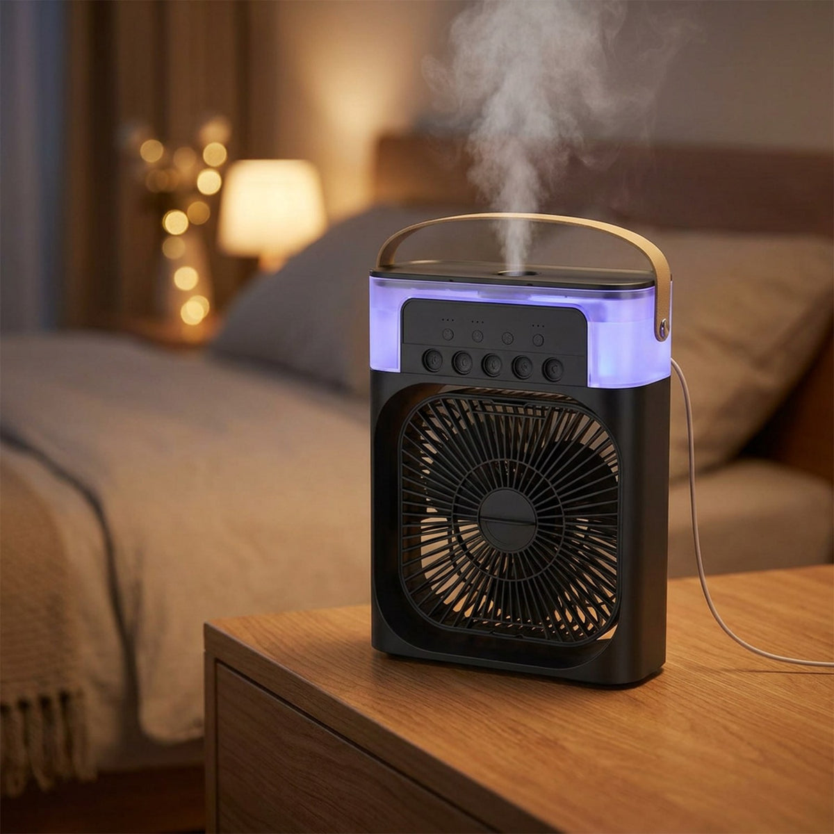 Ventilateur brumisateur noir sur une table de chevet avec veilleuse LED allumée
