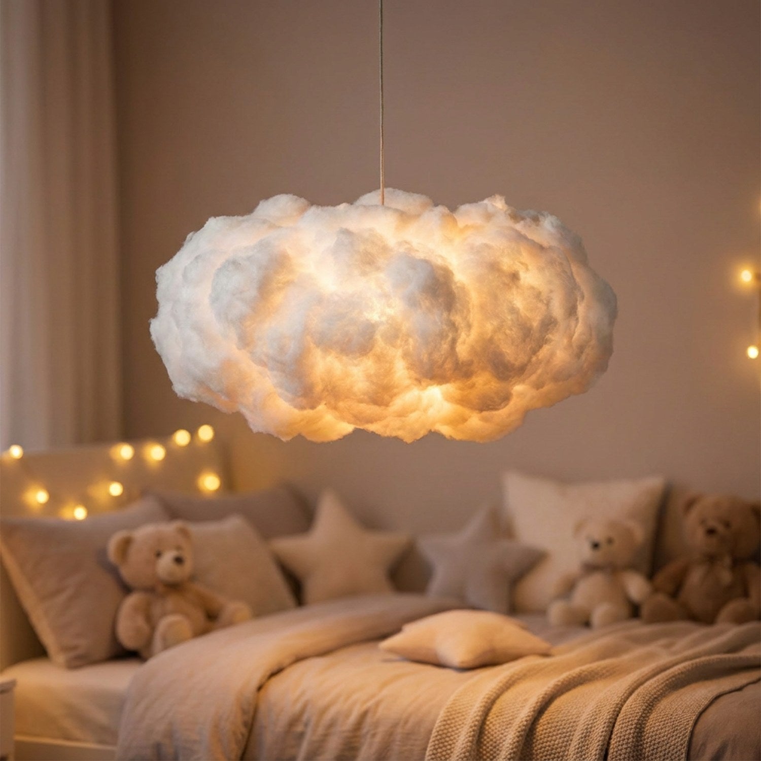 Lampe nuage lumineuse suspendue dans une chambre d'enfant avec peluches