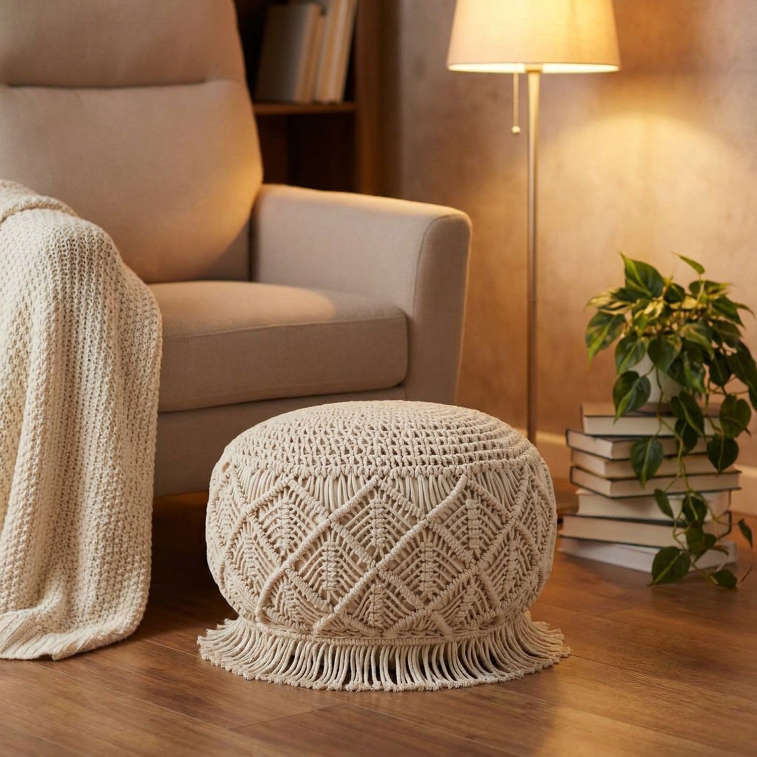 Pouf en macramé crème utilisé comme repose-pieds devant un fauteuil cocooning