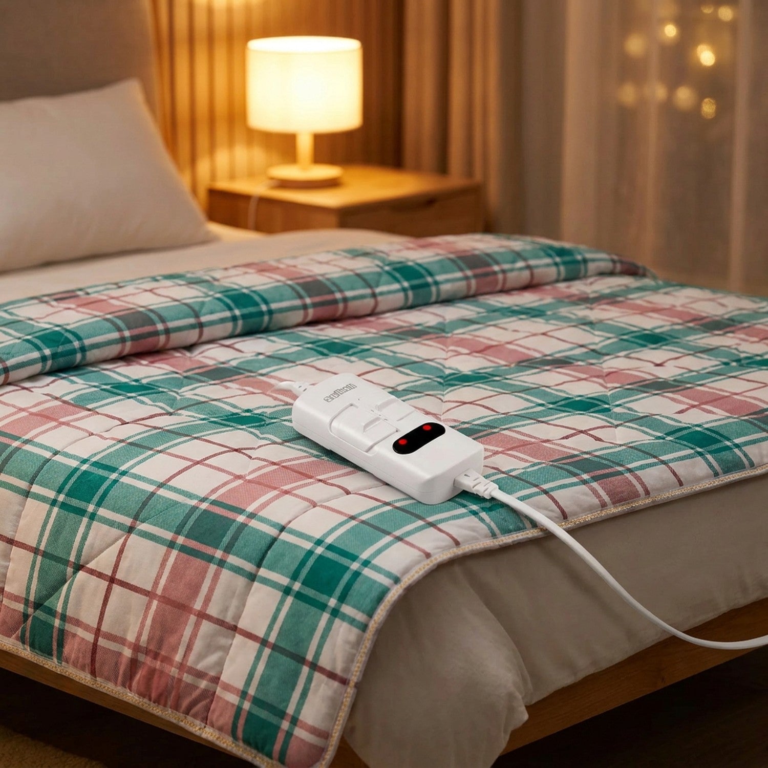 Couverture chauffante électrique installée sur un lit dans une chambre chaleureuse le soir