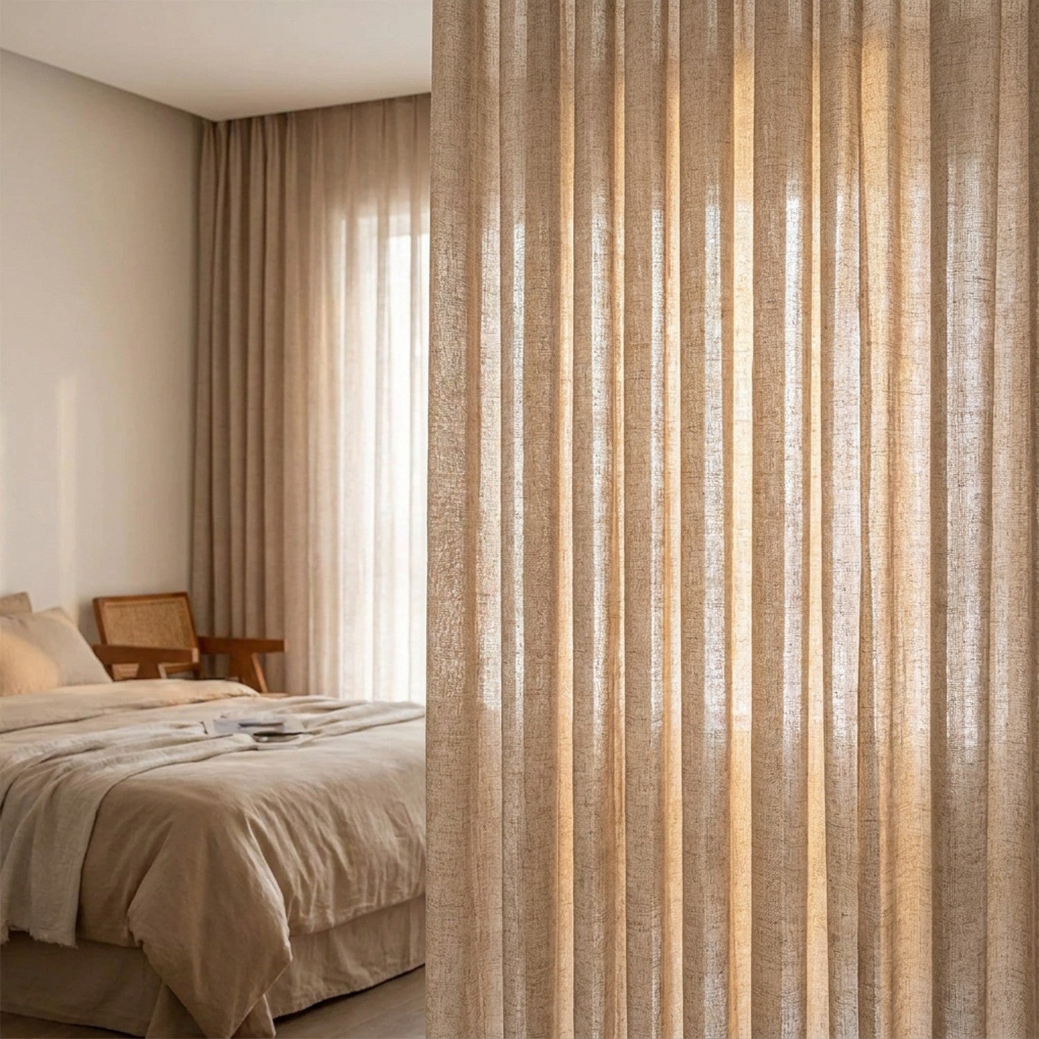Rideau aspect lin beige dans une chambre calme baignée de lumière matinale