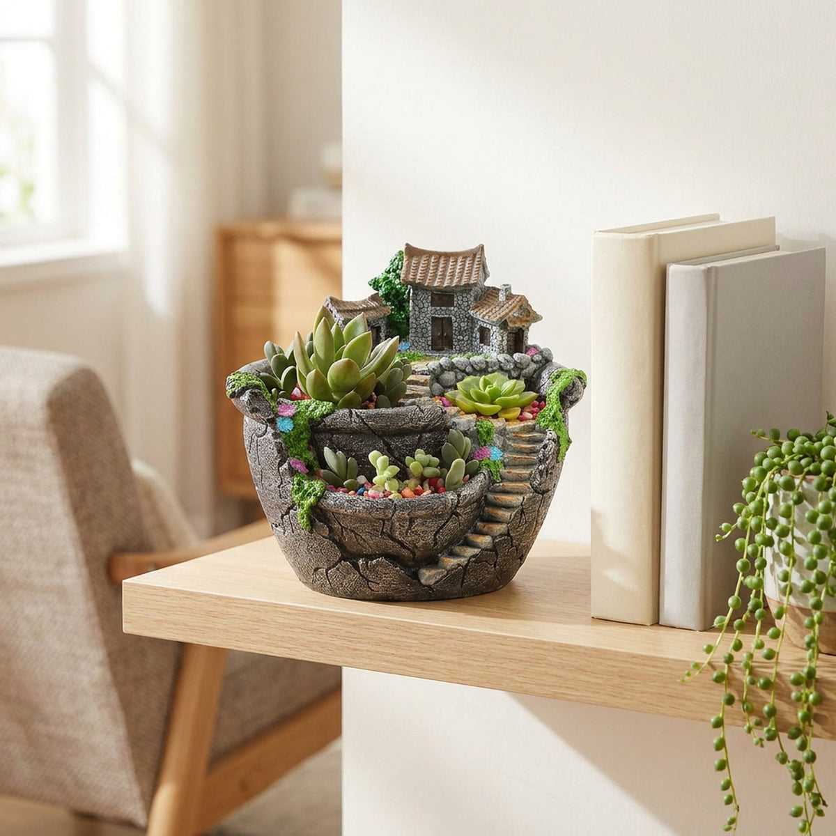 Pot de fleurs village miniature sur une étagère murale avec des succulentes