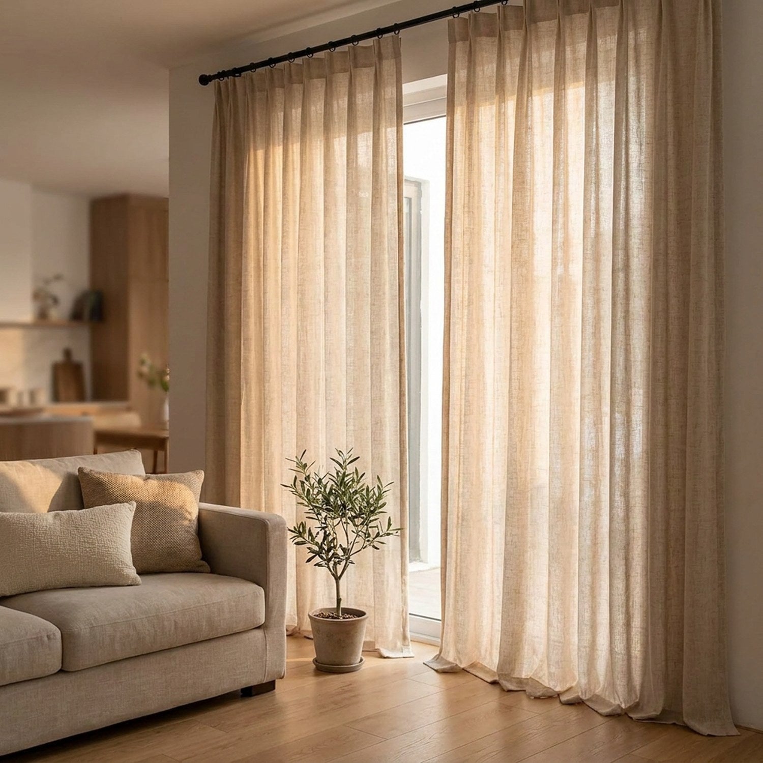 Rideaux japonais beige tamisant suspendus dans un salon chaleureux près d'un canapé