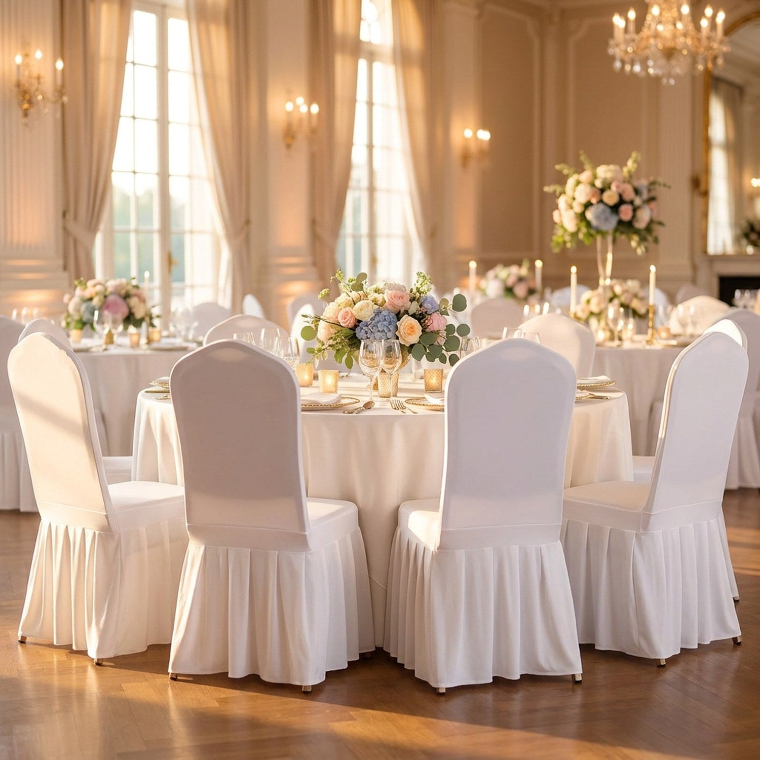Rangée de chaises habillées de housses blanches autour d'une table de mariage dressée