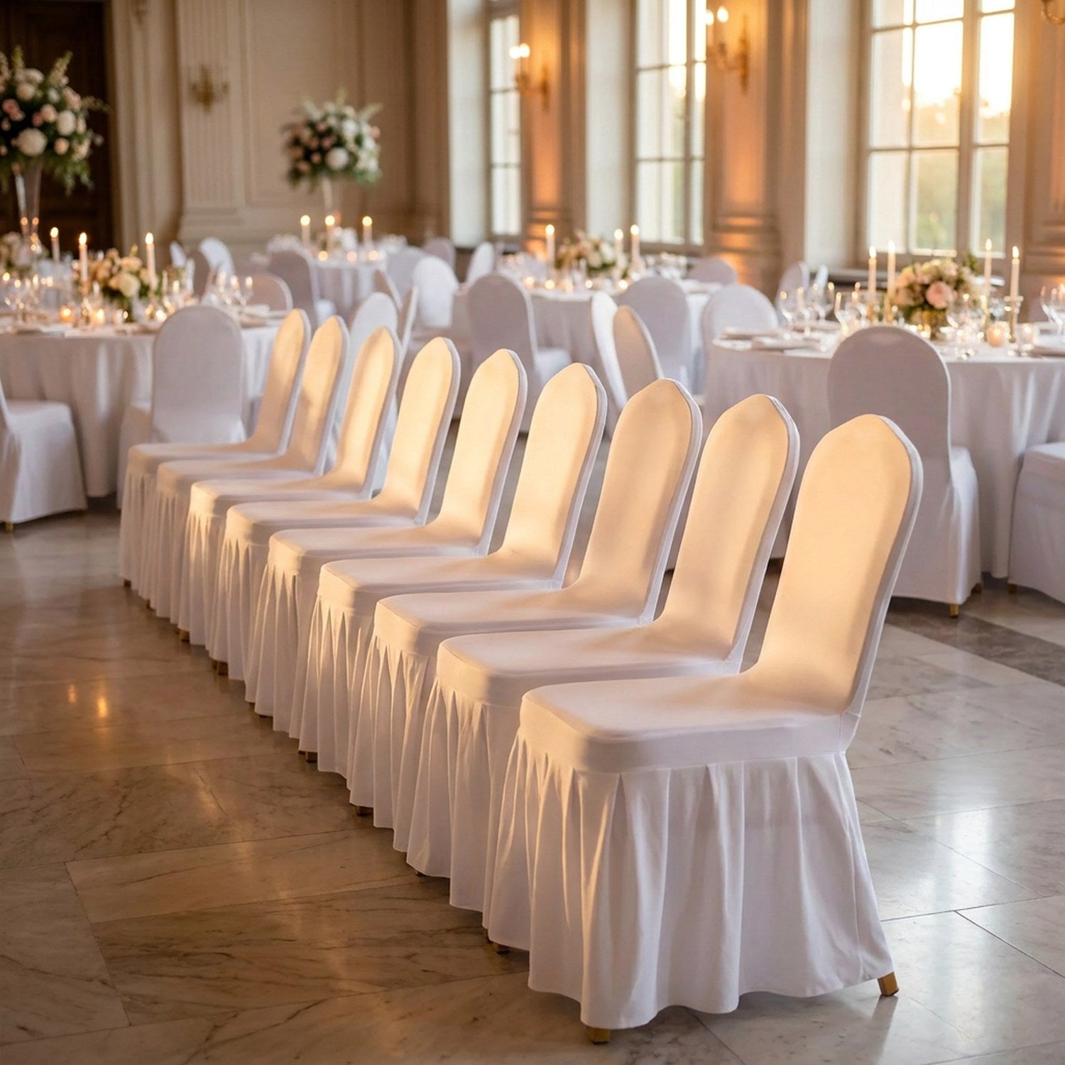 Longue rangée de chaises de banquet habillées de housses blanches assorties