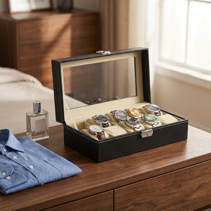 Boîte à montres ouverte sur une commode à côté d'une chemise pliée