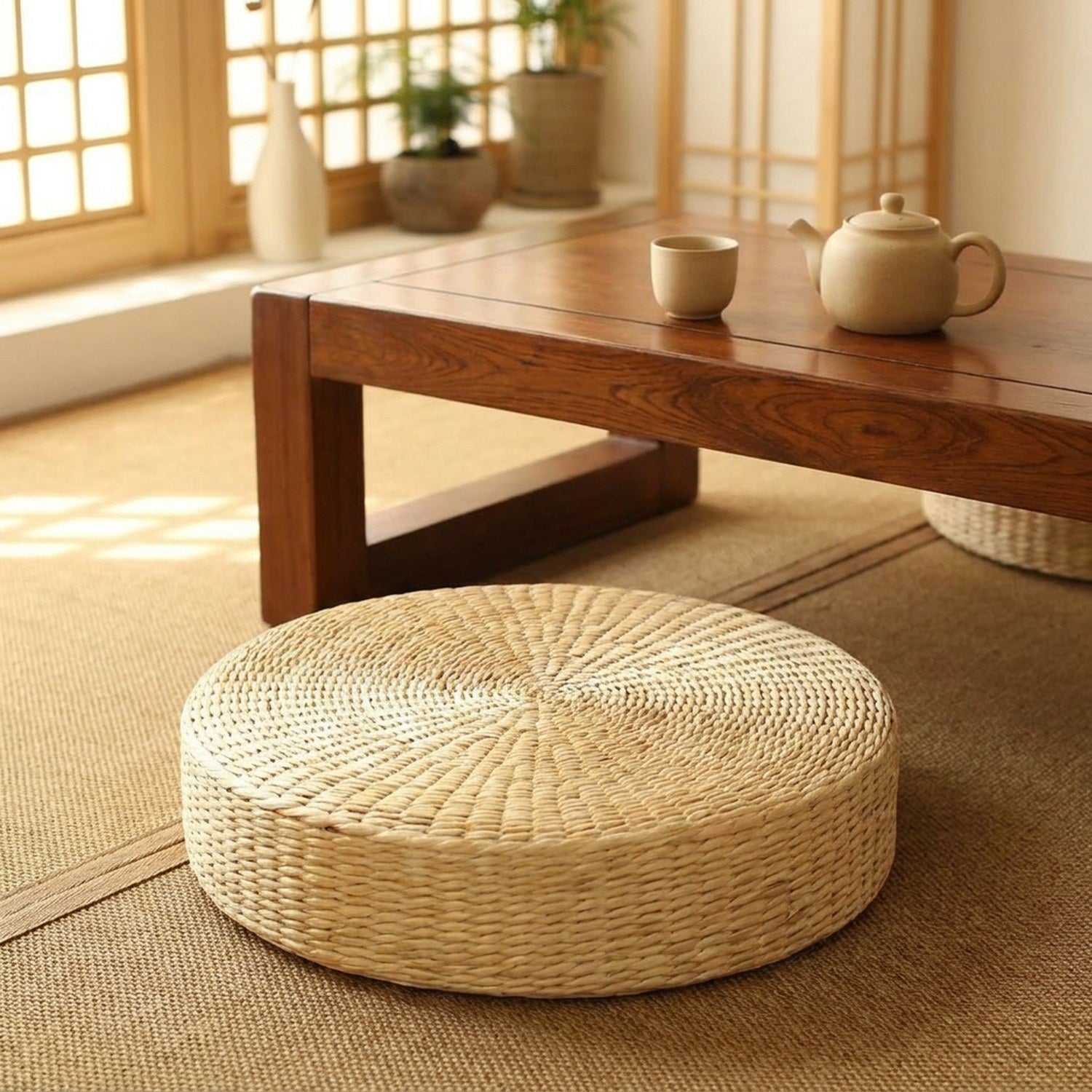 Pouf en paille près d'une table basse avec théière dans une pièce de style japonais