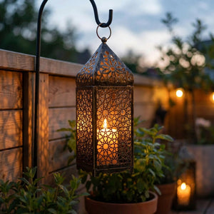 Lanterne marocaine suspendue à un crochet sur une terrasse au crépuscule