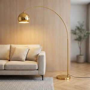 Lampadaire arc doré petit modèle abat-jour sphérique 20cm allumé