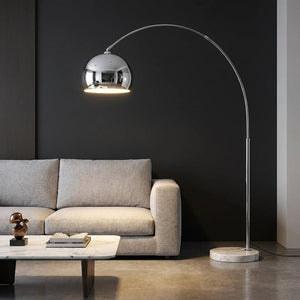 Lampadaire arc globe verre argenté chrome abat-jour miroir allumé