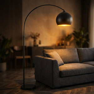 Lampadaire arc noir grand modèle abat-jour sphérique 24cm salon moderne