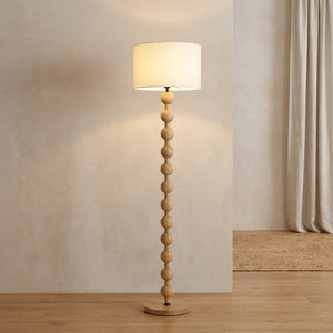 Lampadaire boulier bois naturel beige, abat-jour tissu blanc