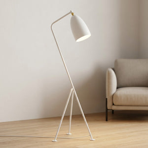 Lampadaire trépied grasshopper en métal blanc fond studio blanc