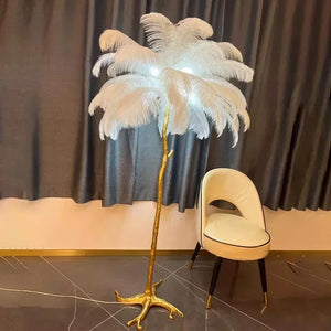 Lampadaire plumes d'autruche blanc grand format, référence taille