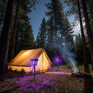 Camping de nuit sous les étoiles, lampe solaire anti-moustiques UV plantée à l'entrée de la tente